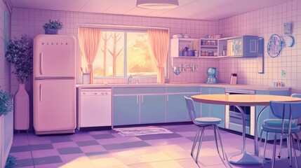 Pastel-toned kitchen interior, featuring warm sunlight.