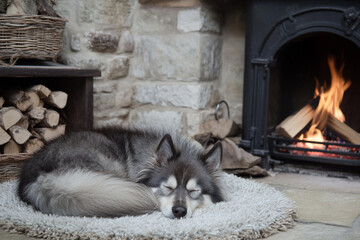 Sleepy dog curls up on a soft rug in front of a cozy fireplace by a wooden stack