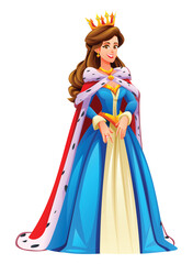 Fototapeta premium Royal queen character, dressed in a blue gown with a crown and a red cape. Vector cartoon illustration