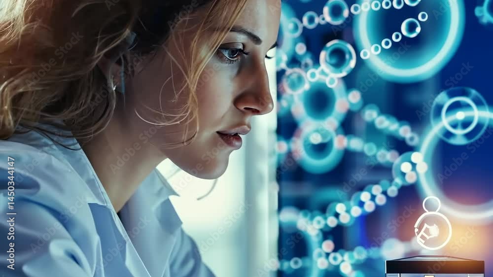 Poster a woman with wavy brown hair wearing a white lab coat is focused on the science in front of her with