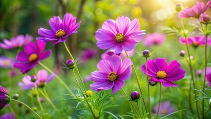 Fototapeta premium Vibrant purple cosmos flowers blooming in a lush green garden, surrounded by tall stems and leafy foliage