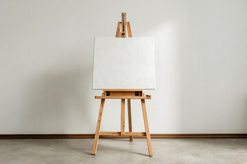 Wooden easel with a white canvas white background	