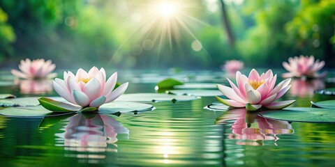 Delicate lotus flowers floating on a serene lake with gentle ripples and surrounding lush greenery, flower