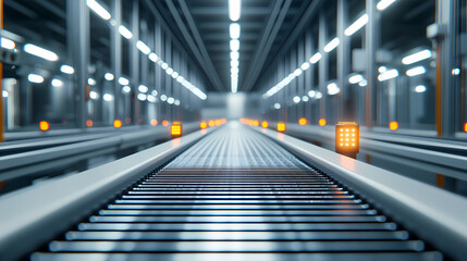 Fototapeta premium Futuristic automated conveyor system inside a modern industrial facility with bright lighting and metallic surfaces.