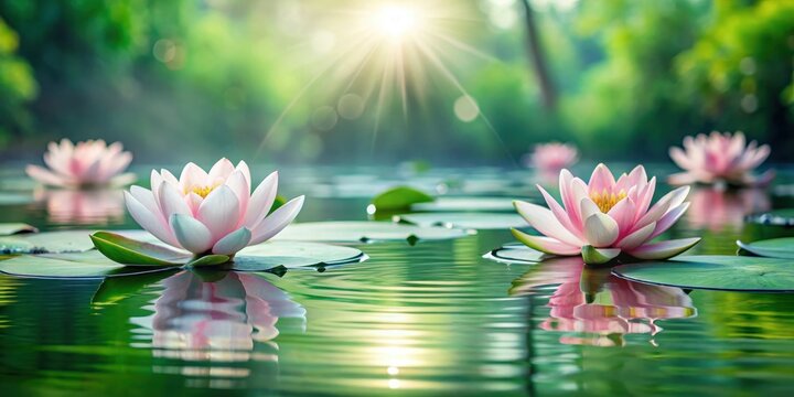 Delicate lotus flowers floating on a serene lake with gentle ripples and surrounding lush greenery, flower