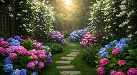 Sunlit Garden Path With Blooming Hydrangeas And White Climbing Flowers