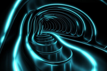 Glowing blue neon spiral of random numbers creating a futuristic tunnel effect in a dark environment