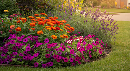 Abundant Floral Display Shows Summer Garden With Zinnia And Petunia Blooms