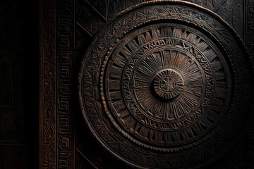 Naklejka premium Intricate, dark wood circular design with carved patterns. Detailed carvings, geometric shapes, and circular motifs create a visually rich panel