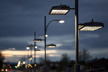 A row of modern LED street lights at twilight.  Dark metal poles with square LED luminaires cast soft light on a residential area.  Blurred background suggests a quiet evening scene