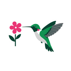 Obraz premium 2D flat vector illustration A hummingbird hovering near a flower icon isolated on a white background
