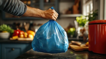 Person holding a blue plastic trash bag in a kitchen environment.