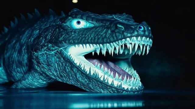 Glowing reptile model roars, nighttime exhibit