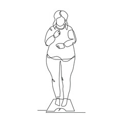 Continuous single line of big over weight fat woman scale his weight. Lifestyle healthy sketch drawing editable stroke vector illustration