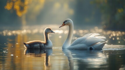Swan and cygnet swimming in water with trees in the background.