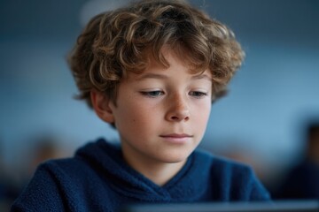 student using tablet in modern classroom setting