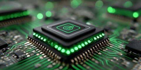 Illuminated circuit board with central processor featuring a hand icon