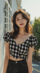 체크무늬 블라우스 패션의 한국 여성