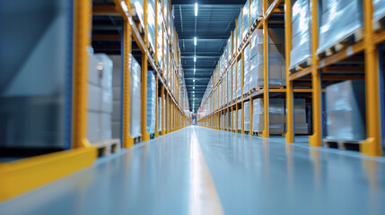 Automated warehouse with organized shelves, showcasing clean and efficient storage environment. bright lighting enhances spacious feel