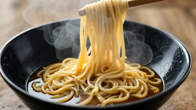 Steaming Noodles with Chopsticks in Black Bowl
