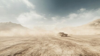 Desert landscape with military vehicle. Dust storm