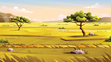 Fototapeta na wymiar Vast savanna with scattered trees, rocks, and a winding path through the grass. Vector cartoon landscape illustration