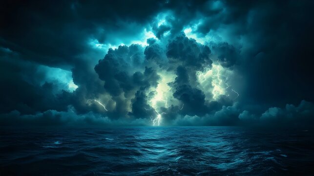Spectacular view of lightning strikes illuminate the ocean in the midst of a violent storm.
