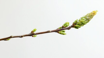 Macro view of a young willow branch transitioning from fresh to dry, white backdrop