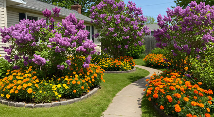 Obraz premium Idyllic Springtime Garden Scene With Lilacs and Marigolds Blooming Profusely