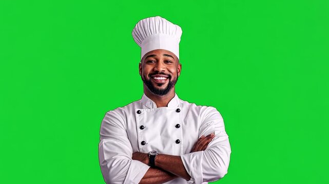 Professional chef wearing white uniform and hat smiling confidently with green background in culinary setting