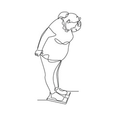 Continuous single line of big over weight fat woman scale his weight. Lifestyle healthy sketch drawing editable stroke vector illustration