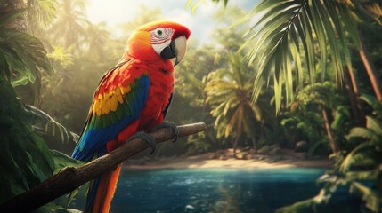 Vibrant macaw perched on branch in tropical paradise.