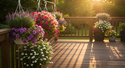 Obraz premium Floral Arrangement With Hanging Baskets On Deck In The Sunshine