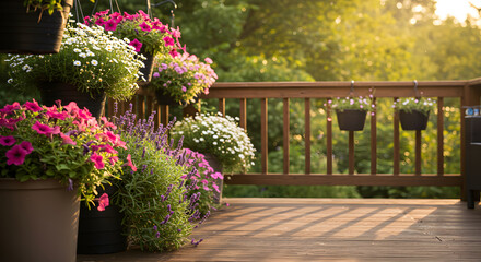 Obraz premium Idyllic Outdoor Deck With Flowers and Wooden Railings In Morning Light