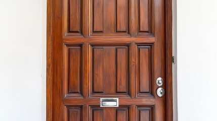 Mahogany wooden door with rectangular panels and chrome lock on white background.
