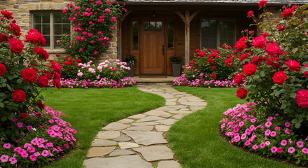 Charming Stone Path Leading To A Quaint Home Surrounded By Floral Gardens