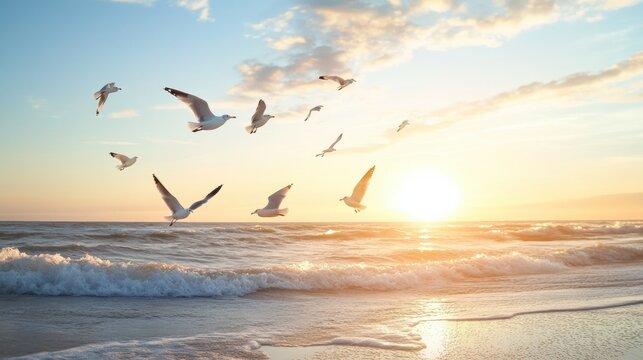 A peaceful sunset scene over a beach with seagulls.