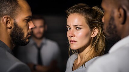 Naklejka premium Tense Group Interaction with Focused Woman Amid Friends in Dim Lighted Atmosphere
