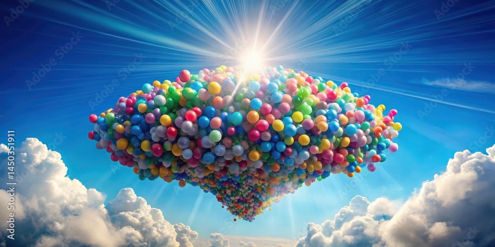 Poster a massive cluster of colorful balloons soars through the sky, a vibrant cluster against the bright b