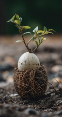 Obraz premium A small plant sprouts from a speckled egg nestled in a woven, earthy nest on the ground