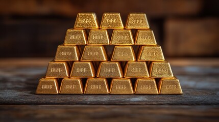 Stacked gold bars arranged in a pyramid shape on a wooden surface.