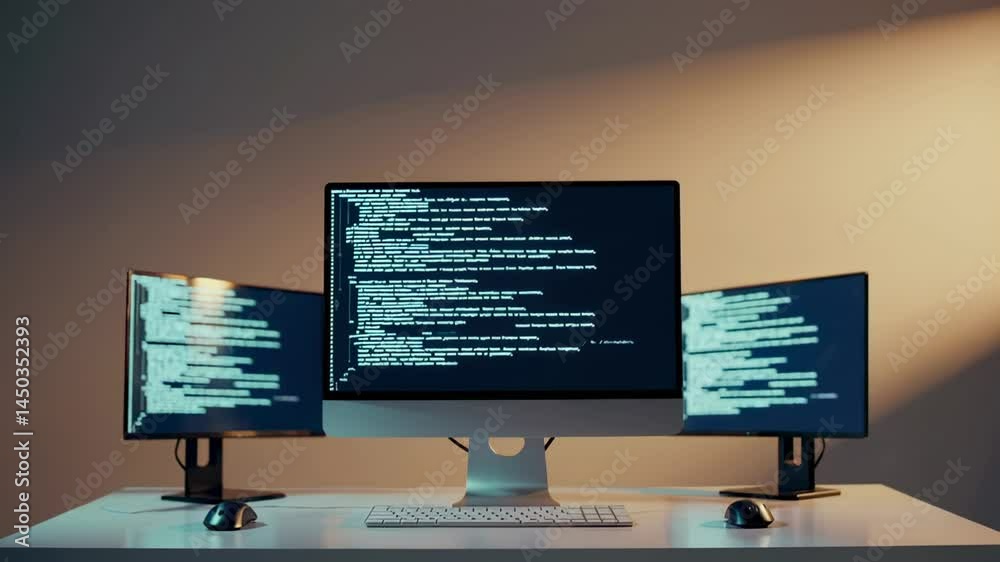 Fototapete Lines of computer code scroll down multiple monitors on a desk, creating a dynamic visual representation of software development and programming