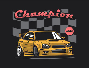 yellow 90s car vector with background and text illustration