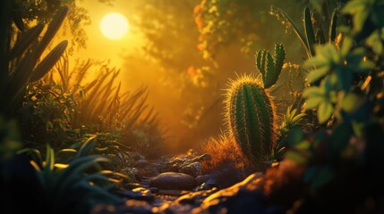 Golden sunlight filtering through a lush desert garden.