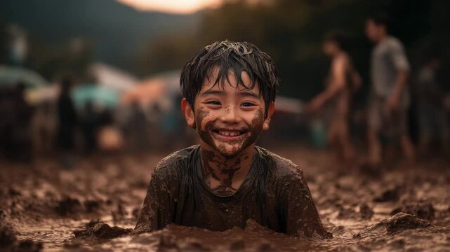 Muddy Fun! Young boy covered in mud, smiling.
