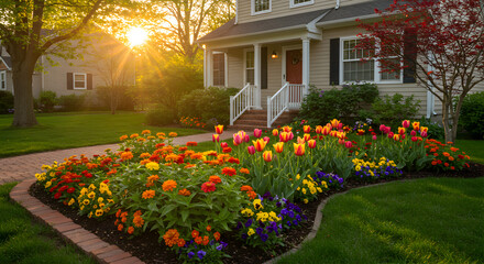 Fototapeta premium Beautiful Suburban Home With Blooming Flower Garden At Sunset Glow