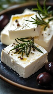 Greek feta cheese with rosemary and olives in rustic Mediterranean setting