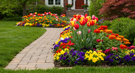 Pathway Through Vibrant Garden Leading Towards Suburban Family Home