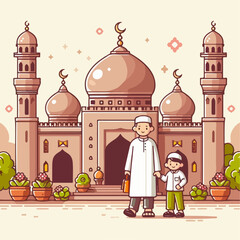 Illustration of a person with a mosque in the background
