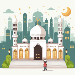 Illustration of a person with a mosque in the background